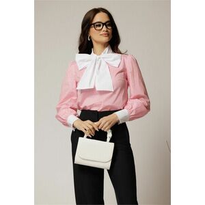 Bluza alba cu dungi roz din poplin cu esarfa tip funda la gat imagine