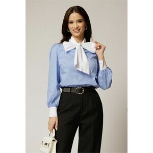 Bluza albastra cu dungi albe din poplin cu esarfa tip funda la gat imagine