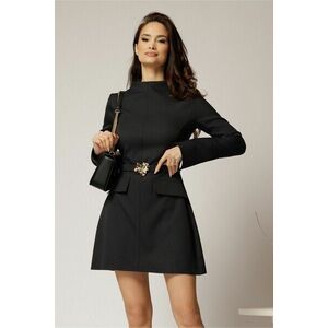 Rochie DY Fashion scurta neagra din stofa cu clapete tip buzunare si curea in talie imagine