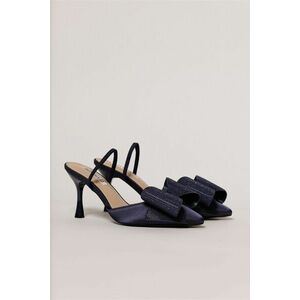 Pantofi bleumarin din material satinat cu funda maxi stralucitoare imagine