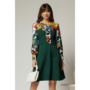 Rochie Andrada din stofa verde cu funda si imprimeu colorat imagine