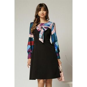 Rochie Andrada din stofa neagra cu funda si imprimeu colorat albastru imagine