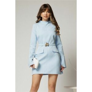 Rochie DY Fashion scurta bleu din stofa cu clapete tip buzunare si curea in talie imagine