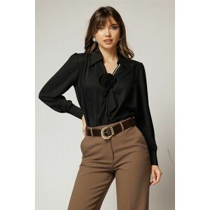 Bluza neagra eleganta din voal cu decolteu V perlute si detaliu floral imagine