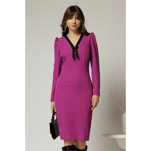 Rochie DY Fashion scurta magenta office conica cu decolteu in V si funda imagine