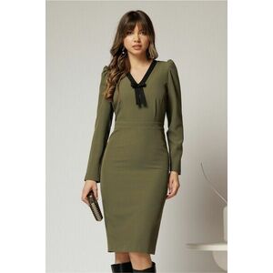 Rochie DY Fashion scurta kaki office conica cu decolteu in V si funda imagine