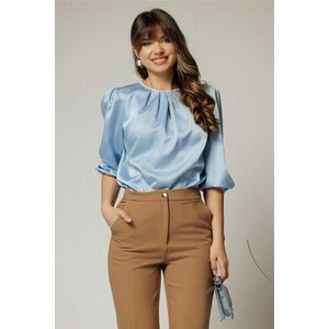 Bluza DY Fashion bleu din satin cu perle la decolteu imagine