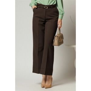 Pantaloni maro inchis din stofa cu croi larg si curea in talie imagine