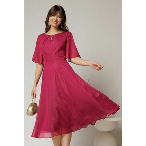 Rochie DY Fashion midi magenta din voal in clos cu fir lurex si accesoriu la decolteu imagine
