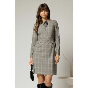 Rochie scurta gri cu carouri snur la guler si fusta tip A imagine