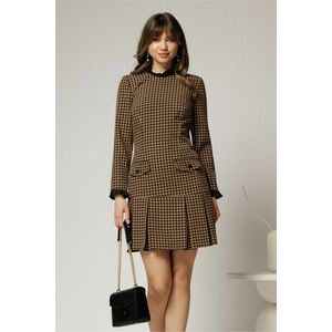 Rochie scurta maro cu imprimeuri negre si pliuri pe fusta imagine