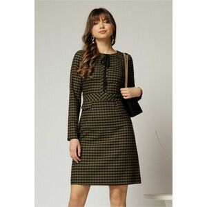 Rochie scurta kaki cu carouri negre snur la guler si fusta tip A imagine