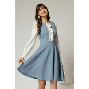 Rochie DY Fashion scurta bleu cu maneci lungi din poplin si volanase imagine