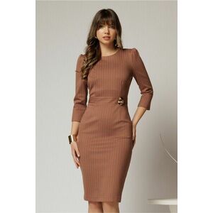 Rochie DY Fashion conica bej cu dungi si detaliu pe talie imagine