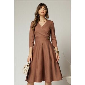 Rochie DY Fashion bej clos in dungi din jerse si detaliu in talie imagine