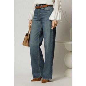 Blugi albastri din denim cu croi evazat si talie inalta imagine