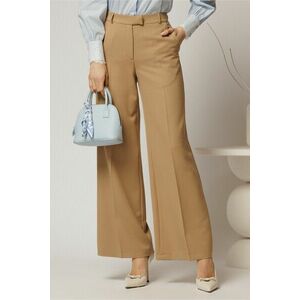 Pantaloni DY Fashion lungi bej din stofa si croi lejer imagine