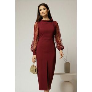 Rochie midi bordo conica cu maneci din dantela si guler barcuta imagine