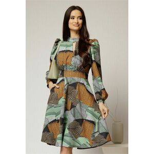 Rochie midi cu imprimeu verde maro si decupaj la decolteu imagine