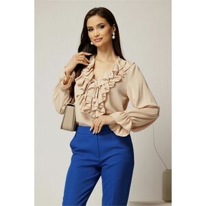 Camasa bej din voal cu volanase la bust si decolteu adanc imagine