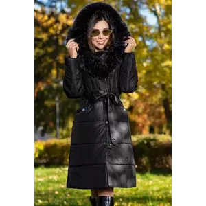 Geaca dama lunga neagra Madeleine cu gluga si blanita imagine