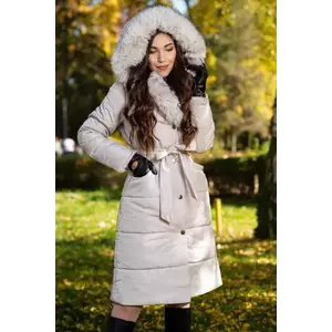 Geaca dama lunga crem Madeleine cu gluga si blanita imagine