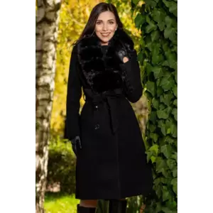Palton dama negru lung Flavia elegant cu blana la guler imagine