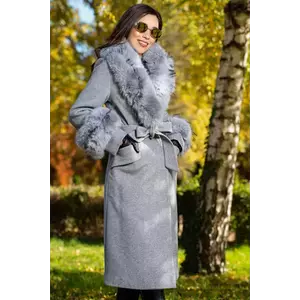 Palton dama gri elegant Fabiola din stofa cu guler din blana imagine
