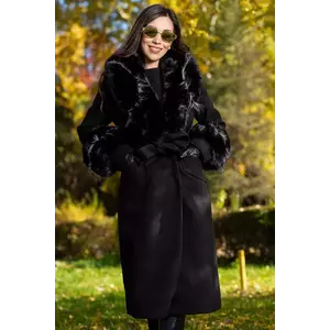Palton dama negru elegant Fabiola din stofa cu guler din blana imagine