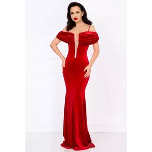 Rochie de seara rosie din catifea Leila cu fronseuri si strassuri imagine