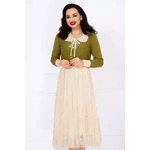 Pulover din tricot verde Petra cu guler cu buline si brosa detasabila imagine