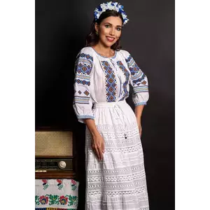 Ie dama alba din bumbac Adelina cu broderie albastra si simbolul rombului imagine
