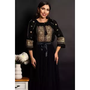 Ie neagră traditionala din bumbac Sarai cu broderie aurie si paiete discrete imagine