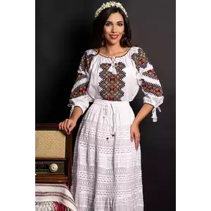 Ie alba cu broderie multicolora Ilinca cu motivul rombului imagine