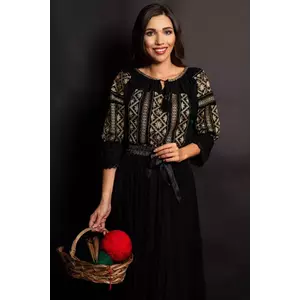 Ie traditionala neagra din bumbac Carina cu broderie aurie imagine