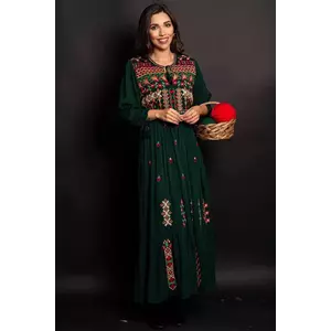 Rochie traditionala verde cu motive florale Gradina Stramosilor imagine