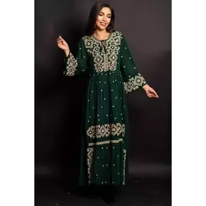 Rochie traditionala verde Gina lunga cu broderie bej imagine