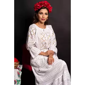 Ie alba Milena din bumbac cu broderie aurie si simbolul rombului imagine