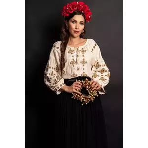 Ie traditionala bej din bumbac Crizantema cu simbolul stelei brodat imagine