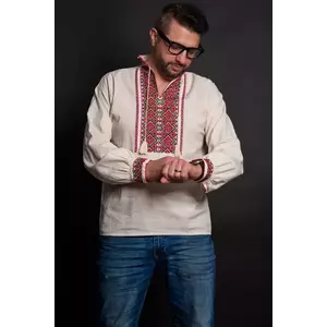 Ie traditionala barbati din bumbac bej Darius brodata cu simbolul crucii imagine