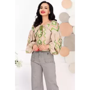 Bluza traditionala bej din vascoza cu broderie verde imagine