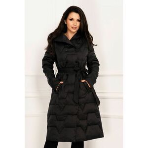 Geaca dama lunga oversize neagra matlasata cu capse si cordon in talie imagine