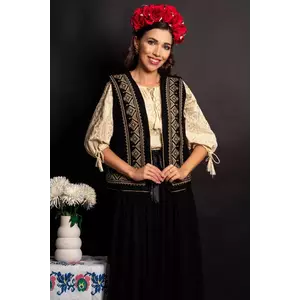 Vesta dama traditionala Aniela neagra cu broderie bej si simbolul rombului imagine