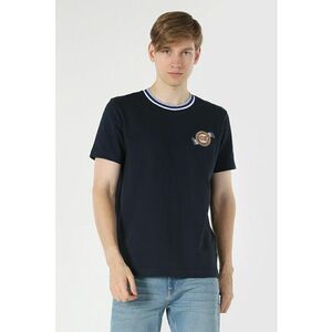 Tricou din pique de bumbac cu decolteu la baza gatului - Bleumarin imagine