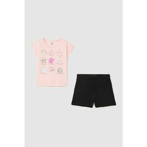 Set de pantaloni scurti si tricou din bumbac cu imprimeu - Negru/Roz pal imagine