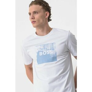 Tricou cu imprimeu logo si decolteu la baza gatului - Alb optic/Albastru deschis imagine
