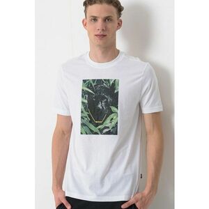Tricou regular fit cu decolteu la baza gatului si imprimeu grafic - Verde pal/Alb optic imagine