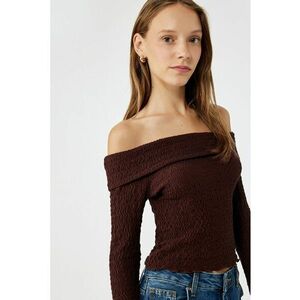 Bluza texturata crop cu decolteu pe umeri - Maro inchis imagine