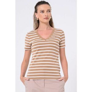 Tricou slim fit cu decolteu in V Cody - Alb/Maro deschis imagine