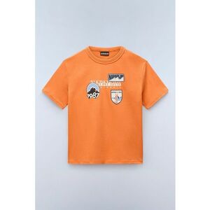 Tricou cu imprimeu logo si decolteu la baza gatului - Portocaliu mandarina/Albastru pal imagine